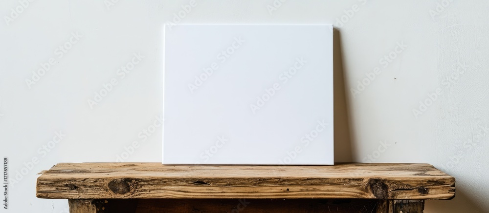 Poster blank canvas on rustic wooden table against white wall for creative projects and design inspiration 