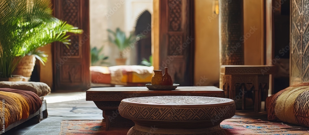 Poster bright moroccan living room with wooden coffee tables and lush greenery featuring open space for tex