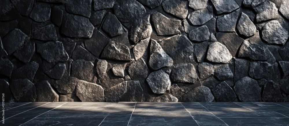 Poster black stone wall texture with dramatic lighting and shadow creating an empty space for text in a sta