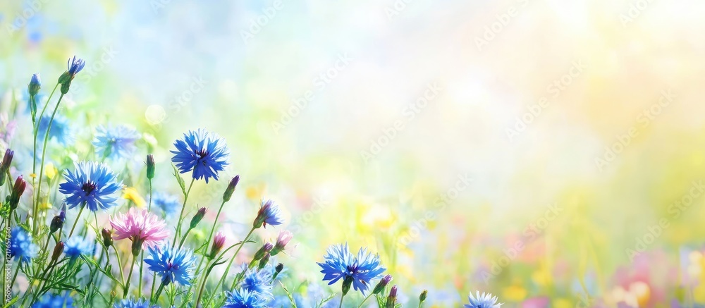 Poster Vibrant blue cornflowers in a wildflower meadow with soft bokeh background providing ample text space for creative design projects