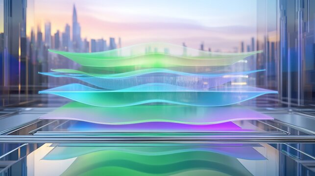 A layered holographic 3D area chart with glowing semi-transparent waves of green
