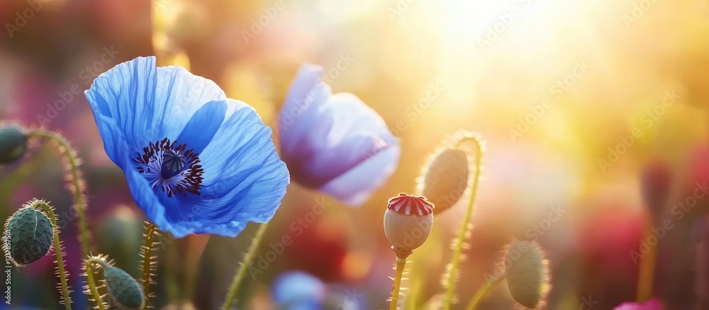 Poster bright blue poppy flowers papaver nudicaule in morning light with soft bokeh and space for text in v