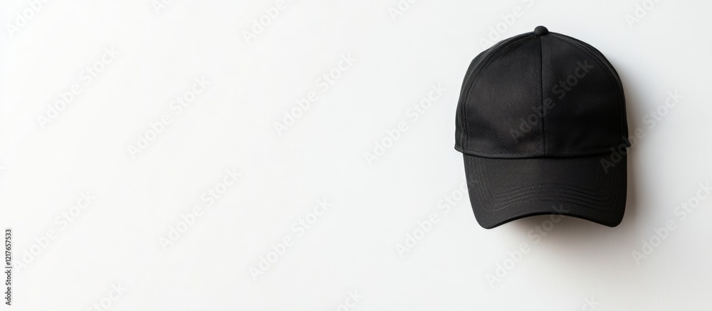Poster Black cap mockup on white background ideal for branding purposes showcasing empty space for custom text or logo placement.
