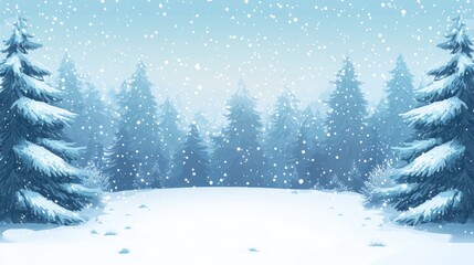 Obraz premium Snowy winter landscape with evergreen trees in a serene setting, falling snowflakes with soft blue sky, ample copy space for text