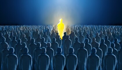 어두운 조명 아래 다수의 사람 형상을 한 군중 중에서 중앙에 위치한 한 인물이 밝은 빛으로 강조된 모습