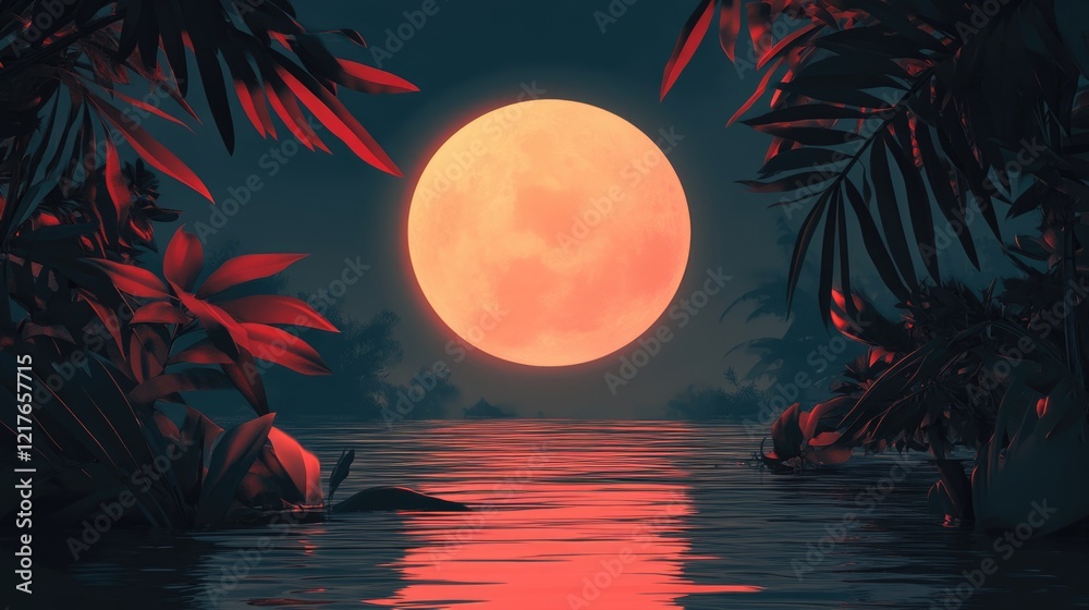Poster serene silhouette under vibrant full moon reflecting on calm water framed by botanical foliage and a