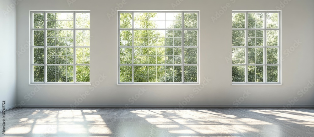 Aufkleber Bright and spacious dining room with large windows showcasing lush greenery and ample copy space for text placement.