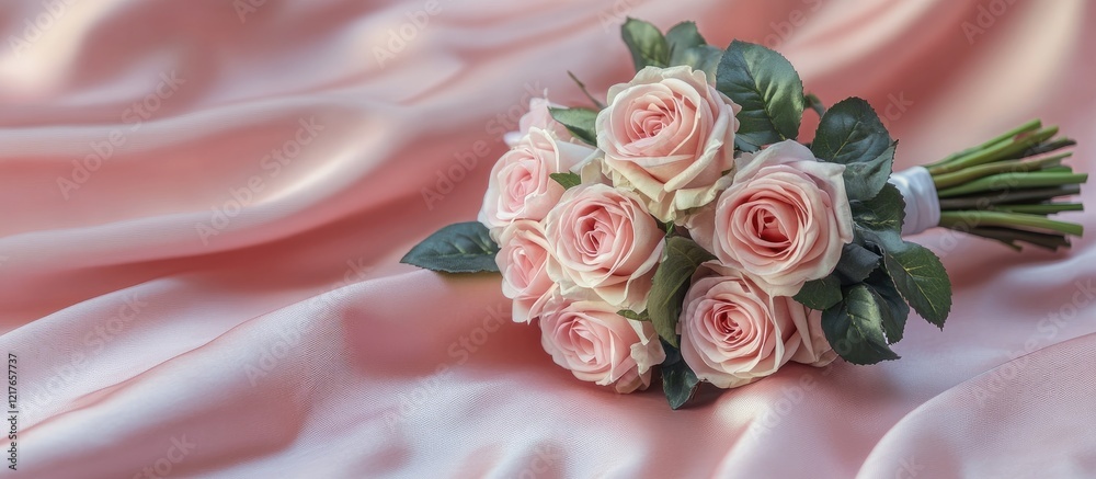 Poster bridal bouquet of pink roses elegantly arranged on soft pink fabric with ample copy space for person