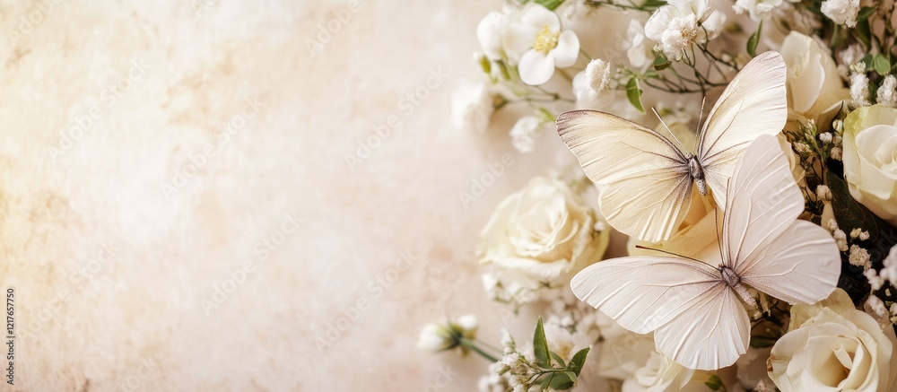 Aufkleber Elegant bridal bouquet adorned with two butterflies set against a textured wall, featuring ample empty space for personalized text or messages.