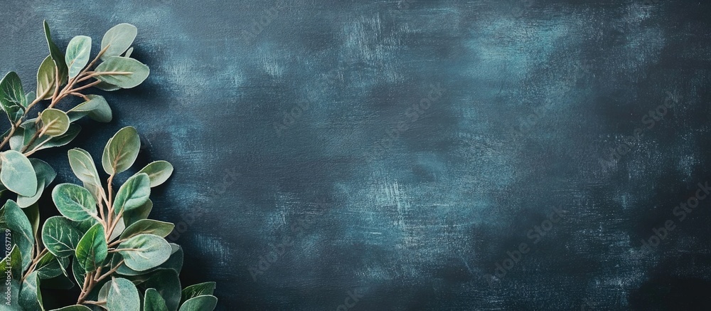 Aufkleber Chalkboard surface with greenery on a table providing ample copyspace for text and creative design elements in a natural setting