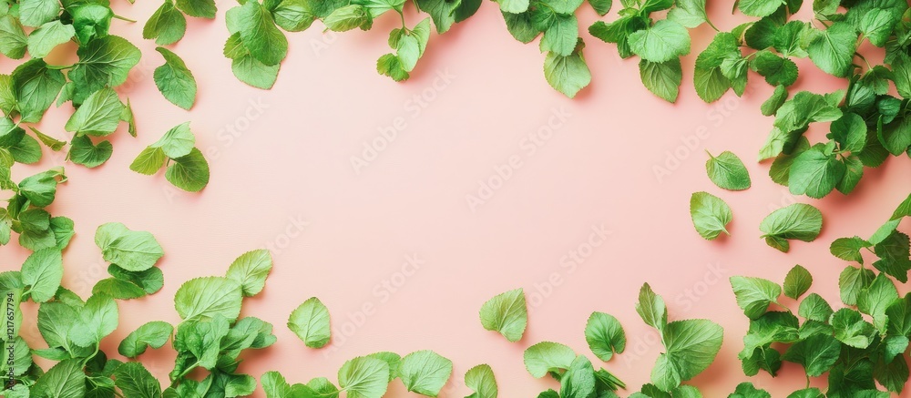 Poster fresh cilantro leaves framed on a soft pink background for culinary creativity and text space