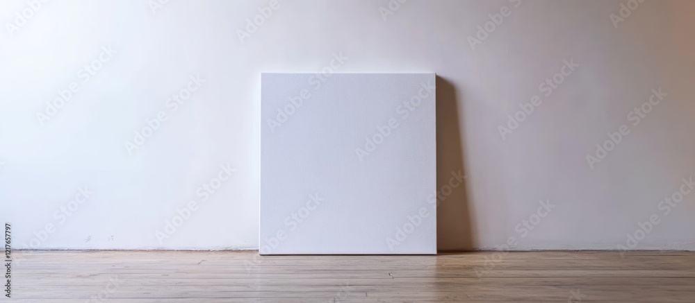 Poster Blank canvas on minimalistic white wall with wooden floor perfect for showcasing art or adding personalized text and design elements.
