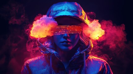 Obraz premium Futuristic Business Worker with Cloud Icon Digital Environment Vivid Neon Atmosphere Artistic Viewpoint