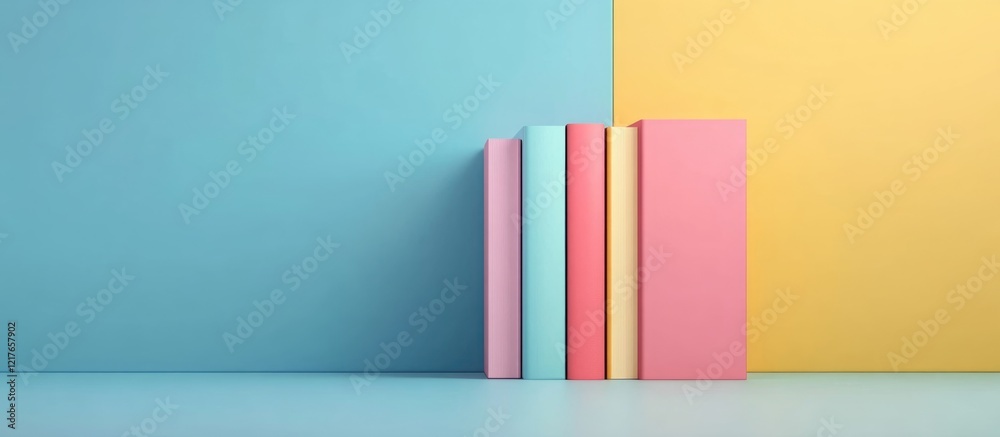 Poster blank book mockup arrangement on colorful flat surface ideal for text insertion and creative designs