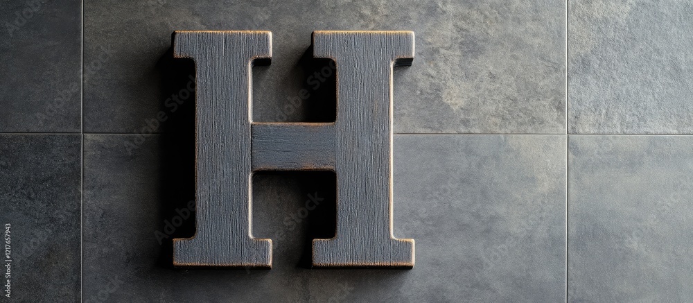 Poster black wooden letter h on a textured wall with ample copyspace for text in a minimalistic design suit