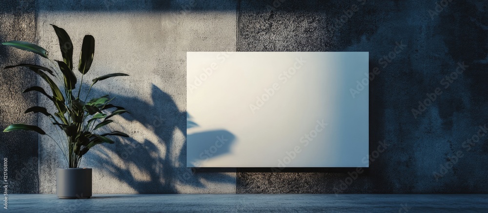 Poster Blank canvas signboard mockup in soft industrial setting with copyspace for text and potted plant for a modern artistic display