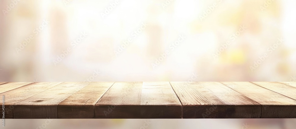 Poster bright airy kitchen scene featuring a rustic empty wooden tabletop with soft natural light and ample