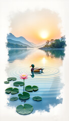 Fototapeta premium Mandarin duck gliding on serene lake at sunrise, peaceful ambiance