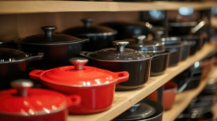 Cookware display featuring a variety of black and red pots arranged neatly on wooden shelves in a retail setting
