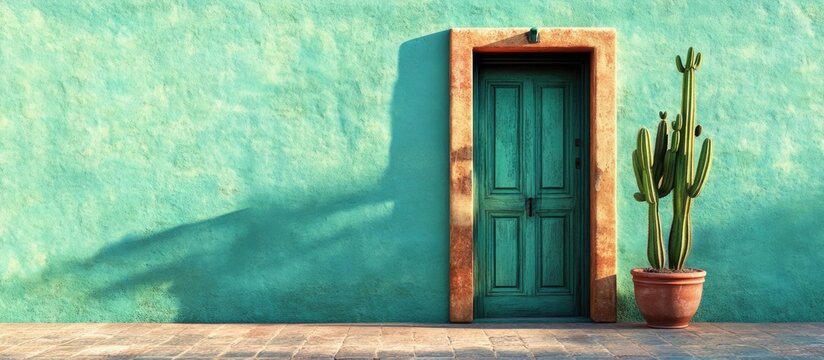 Turquoise wall with a green door and potted cactus casting shadows in sunlight Copy Space