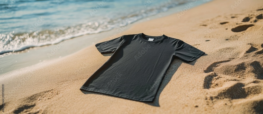 Aufkleber black t-shirt mockup on sandy beach with clear water creating ideal empty space for custom text or b