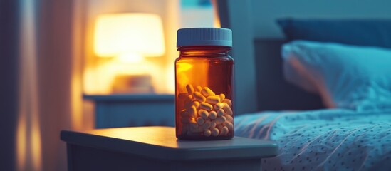 Pill bottle on nightstand in a cozy bedroom setting with soft lighting and empty space for healthcare and wellness text or messages