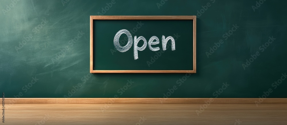 Aufkleber Blackboard displaying Open text with a wooden frame and empty copyspace for business promotions and messages in an educational setting