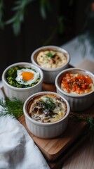 hearty and rustic setup of mini casseroles baked in individual ramekins: Broccoli with gooey melted cheddar. Mushrooms with sun-dried tomatoes for an earthy flavor
