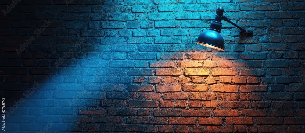 Poster illuminated brick wall with an industrial lamp casting blue and orange light beams creating a vibran