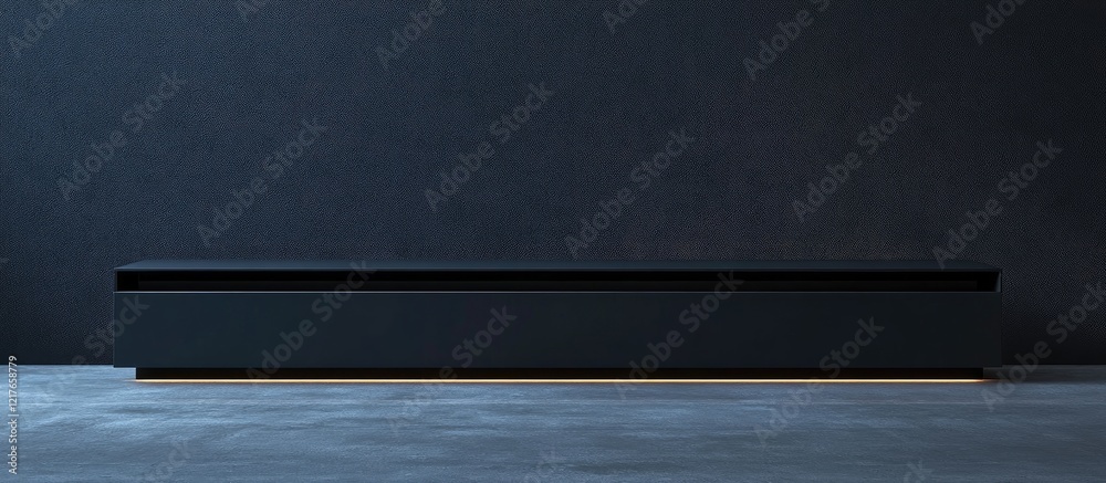 Poster Minimalist Black TV Unit with 4K Screen Wall Console and Empty Copyspace for Text in Modern Interior Setting