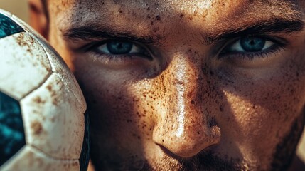 Intense close-up portrait of a determined athlete holding a soccer ball with a rugged and focused expression on a sunlit field.