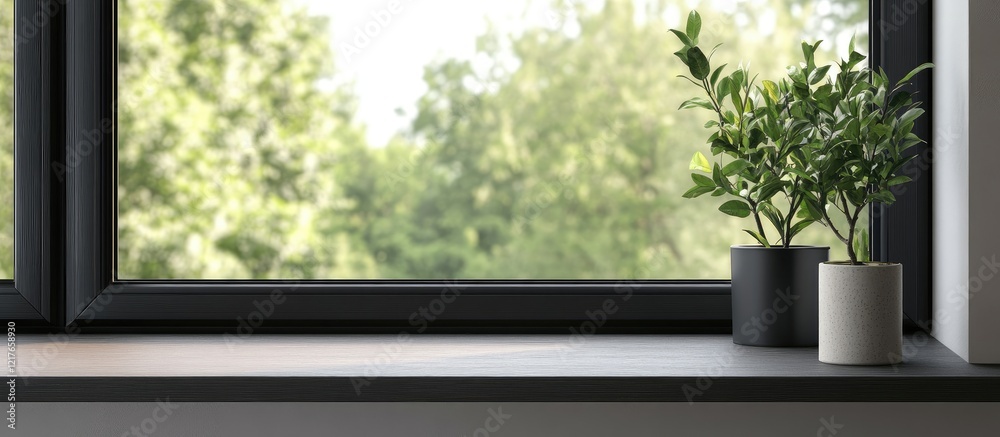 Poster Black wooden frame mockup on windowsill with greenery and empty space for customizable text in a natural light setting