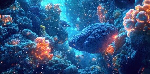 Vibrant Underwater Coral Reef Ecosystem Displaying Bioluminescent Life