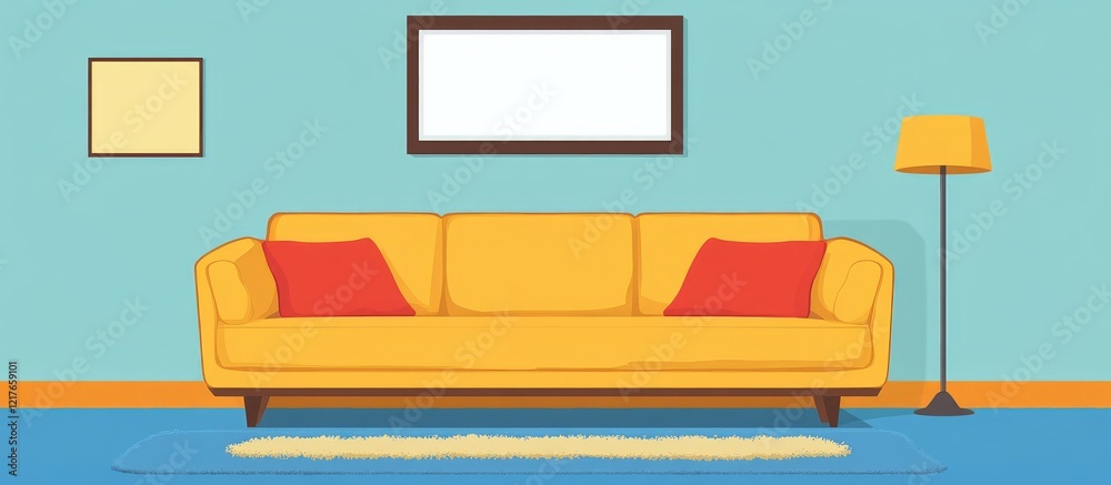 Poster cozy and colorful living room featuring a spacious couch and ample empty space for text or advertisi