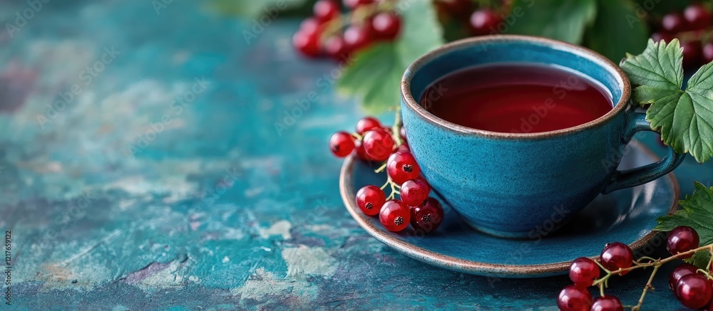 Aufkleber Blue cup with red currant syrup surrounded by fresh berries and greenery on textured background with space for text or branding