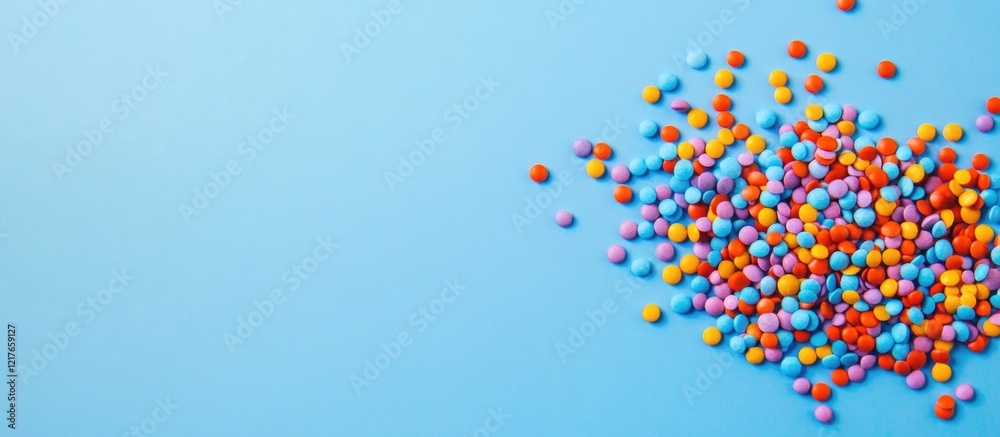 Poster Colorful confetti scattered on a blue gradient background creating a vibrant and festive atmosphere with ample space for text or design.
