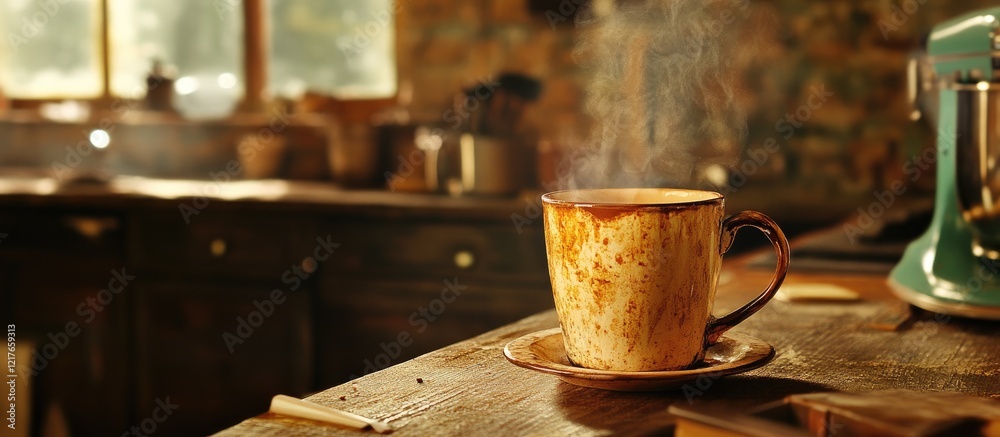 Poster Brewing Coffee in Vintage Mug on Rustic Kitchen Table with Soft Light and Empty Space for Text or Branding