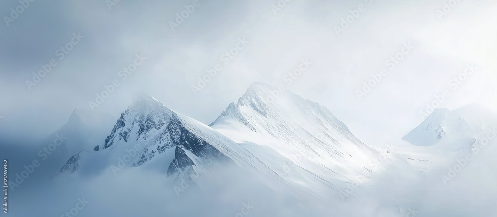 Aufkleber Serene Mountain Landscape with Soft Fog Creating a Tranquil Atmosphere for Reflection and Inspiration