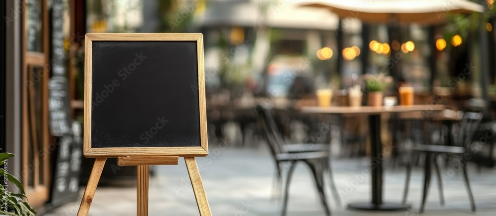 Poster wooden chalkboard sandwich board outside a cafe with empty copyspace for customizable text in a vibr