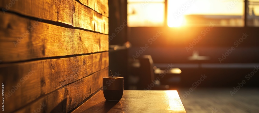 Poster Bookend wall illuminated by sunset creating a warm movie theatre ambiance with empty space for text and design elements