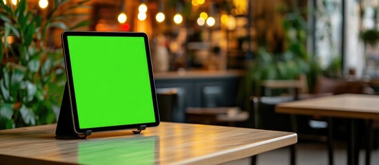 Tablet with green screen on wooden table in modern cafe surrounded by indoor plants Copy Space