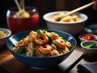 Seafood Pasta Dish Garnished with Shrimp and Vegetables in a Bowl