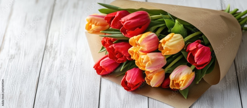 Poster bouquet of tulips wrapped in brown paper on white wooden surface with blank card for personalized me