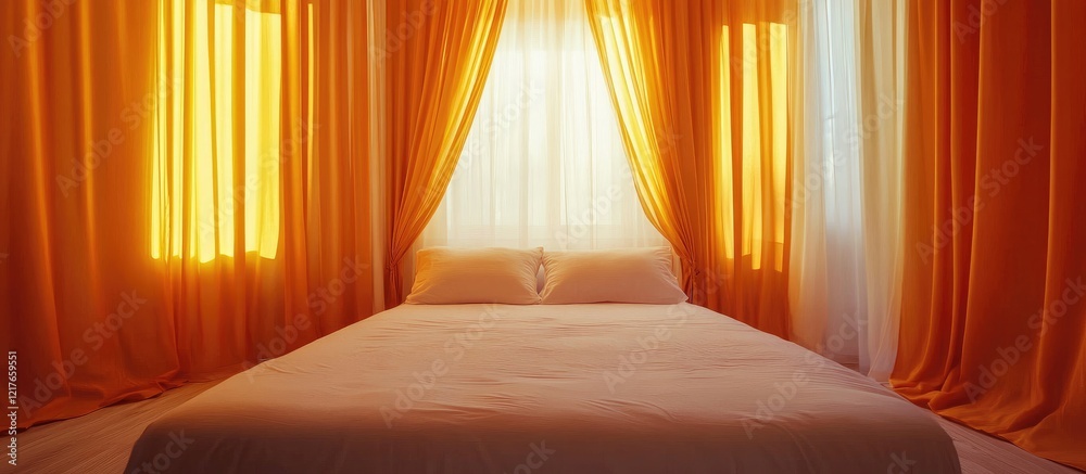 Poster Cozy bright bedroom with warm curtains and a comfortable bed creating an inviting atmosphere with space for personalized text or branding
