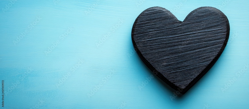 Poster black wooden heart on soft blue background with space for text and messages for personal or romantic