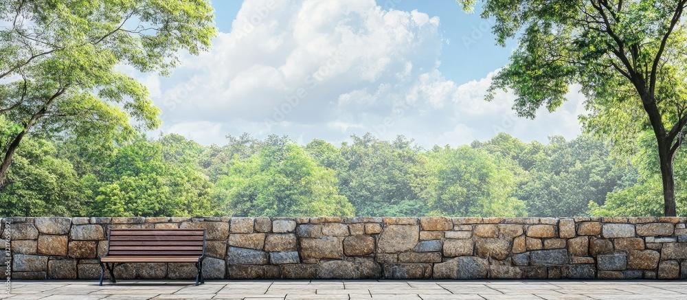 Poster serene park scene with a stone wall bench surrounded by lush greenery under a blue sky ideal for tex