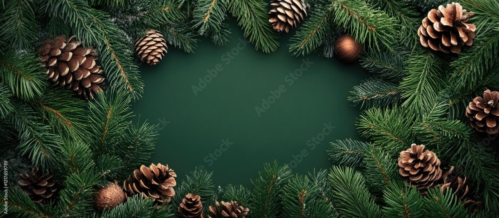 Aufkleber blank christmas card featuring a frame of pine branches and cones, perfect for adding personalized t