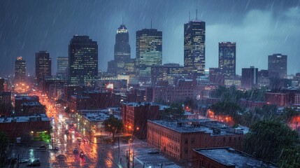 Rainy Night in the City: A Drenched Metropolis Under a Stormy Sky