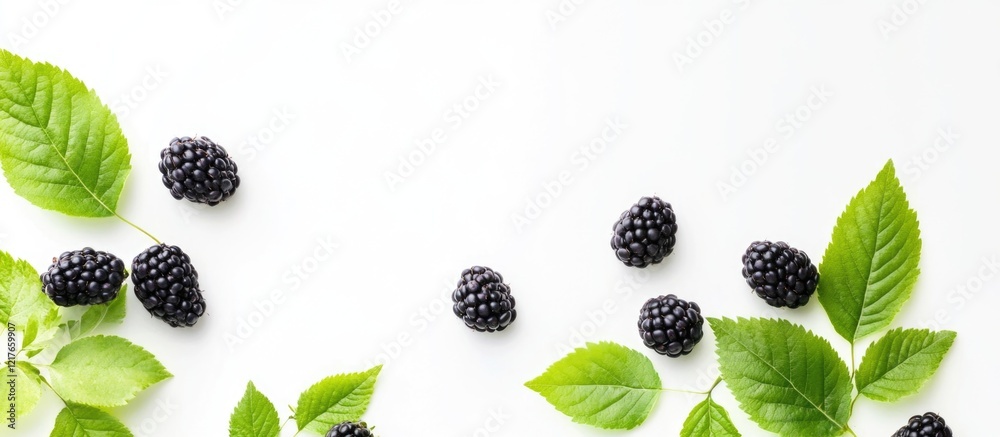 Poster Blackberries with fresh green leaves isolated on white background creating natural frame and empty copyspace for text or design elements