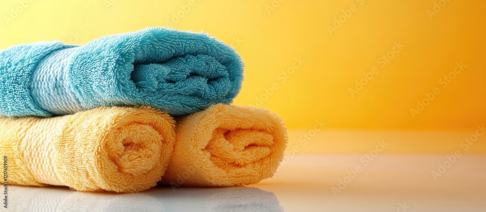 Poster Bright colorful towels stacked on a clean surface with warm yellow background creating an inviting bathroom atmosphere and copy space for text